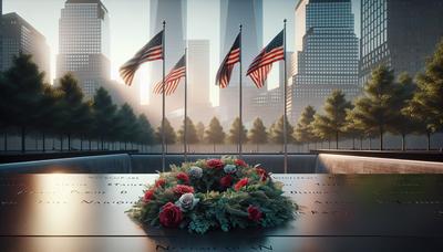 Bandeiras americanas e coroa de flores em memorial no local do 11 de setembro