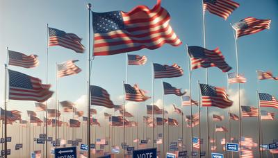 Bandeiras americanas e placas de votação em movimento.