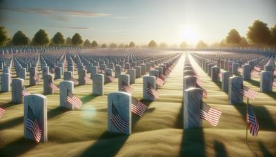 Drapeaux américains au cimetière avec des rangées de tombes