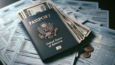 Pasaporte americano con símbolos de dólar y formularios de impuestos.