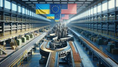 Usine de munitions avec les drapeaux ukrainien et américain.