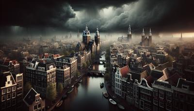 Amsterdamse stadsgezicht met gespannen sfeer en donkere wolken.