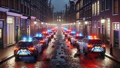 Amsterdamse politie scène 's nachts met knipperende lichten.