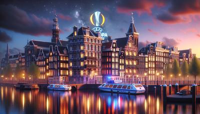 Amsterdamse skyline met Europa League en politieaanwezigheid.