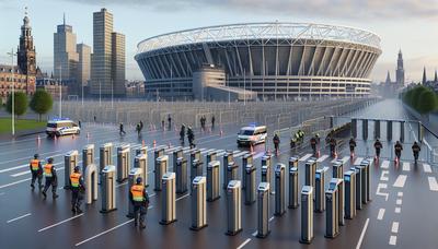 Amsterdamse skyline met verhoogde beveiliging bij het stadion.