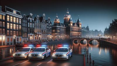 Skyline van Amsterdam met politiewagens buiten een hotel.