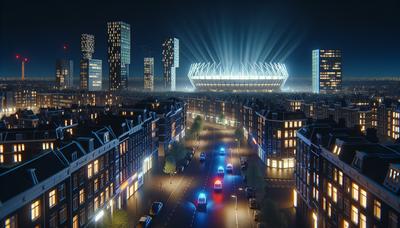 Amsterdamse skyline met politieaanwezigheid en stadionlichten.