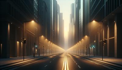 'Una strada cittadina vuota con lampioni fiocchi al crepuscolo.'