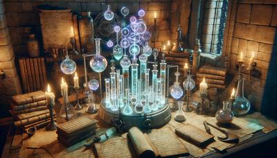 Oud alchemielaboratorium met mystieke gloeiende chemicaliën en gereedschappen.