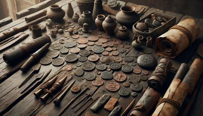 Artifacts anciens exposés sur une table en bois.