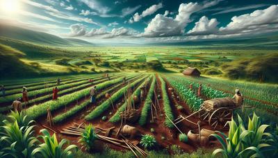 Outils agricoles anciens et cultures dans le paysage kenyan.