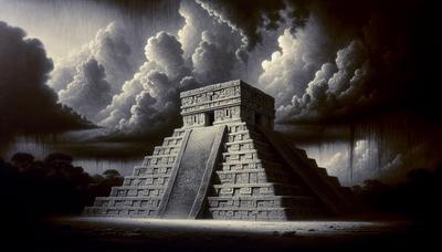 Templo maya antiguo con cielo tormentoso y oscuro.