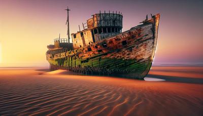 Oude oorlogsschip komt tevoorschijn uit zand op strand.