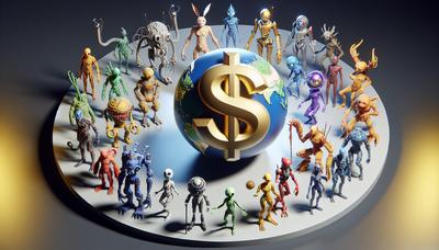 Les personnages d'anime entourent un globe avec des signes de dollar.