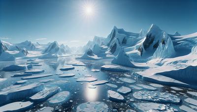 Ghiacciai antartici con abbondanti pozze d'acqua di scioglimento visibili.