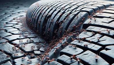 Des fourmis rampent sur un pneu de voiture sur le trottoir.