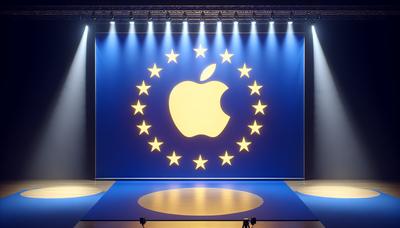 Logotipo de Apple bajo un foco con el fondo de la bandera de la UE
