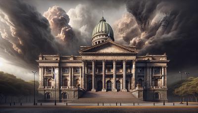 Bâtiment de palais de justice argentin sous un ciel nuageux.