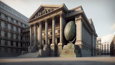 Extérieur du palais de justice argentin avec statue de ballon de rugby.