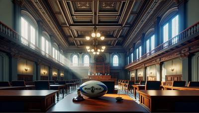 Salle d'audience argentine avec un ballon de rugby sur la table.