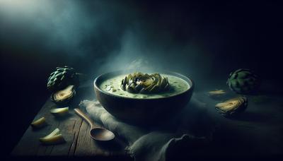 Zuppa di carciofi con un sottotono oscuro e minaccioso.