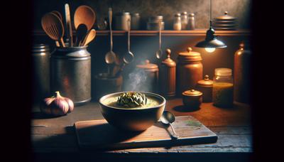 Zuppa di carciofi in una cucina debolmente illuminata.