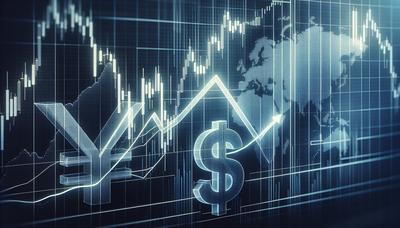 Gráfico do mercado asiático caindo com símbolos de iene e dólar.