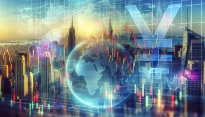 Gráficos de acciones asiáticas fluctuando con el yen y Wall Street.