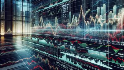 Gráficos del mercado de valores asiático con gráficos fluctuantes y yuan.