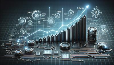 Gráficos del mercado de valores asiático con iconos tecnológicos en alza.