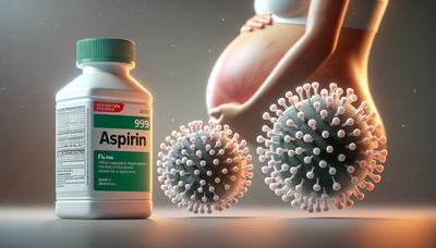 Botella de aspirina junto a virus de la gripe y vientre embarazado.