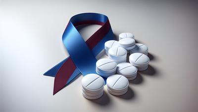 Comprimés d'aspirine à côté d'un ruban de sensibilisation au cancer colorectal.