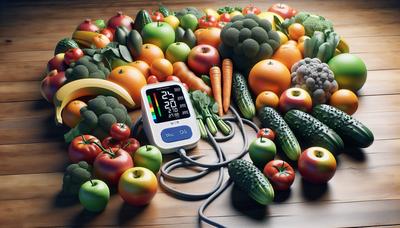 Frutas y verduras surtidas con monitor de presión arterial.