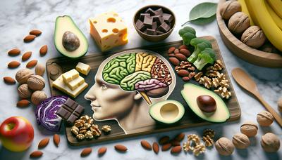 Assortiment d'aliments riches en graisses avec illustration du cerveau.