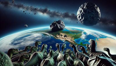 Asteroide acercándose a la Tierra con dinosaurios en primer plano.