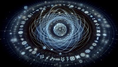 Nuclei atomici che oscillano con simboli di informazione quantistica.