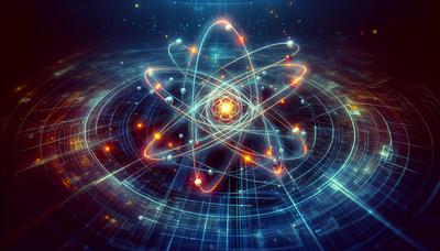 Structure atomique avec des raies spectrales lumineuses et des points de données.