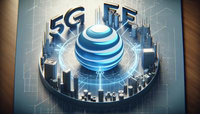 AT&T 로고와 5G 네트워크 및 광섬유 기호.