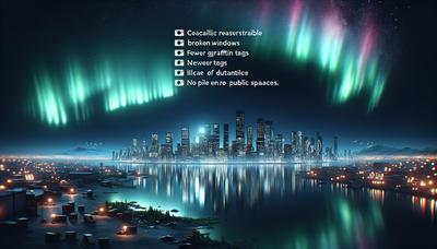 Auroras stadssilhuett med infografik om minskande brottslighet.