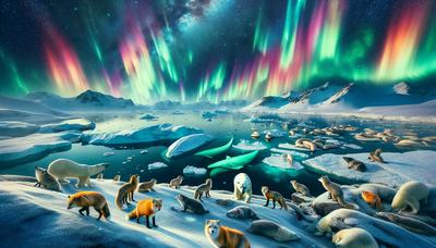 Auroras iluminando a diversa fauna polar contra o céu estrelado.