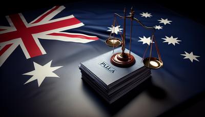 Drapeau australien avec balance de la justice et documents de plaidoirie.