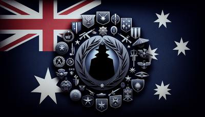 Bandeira australiana com silhueta de espião e emblemas militares