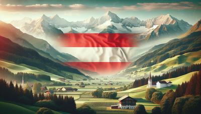 Bandera austriaca con un fondo de paisajes políticos cambiantes.