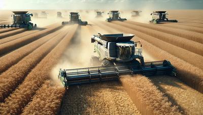 Geautomatiseerde machines die gewassen oogsten op een veld.