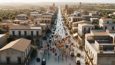 Vista della città di Avetrana con cartelli di protesta esposti.