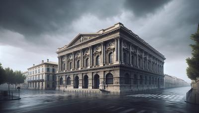 Façade du palais de justice d'Avignon avec un ciel nuageux et sombre.