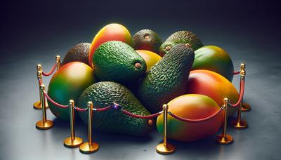 Avocados und Mangos mit einer Sicherheitsbarriere.