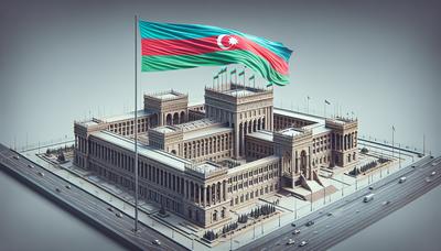 Bâtiment du parlement d'Azerbaïdjan avec drapeau et atmosphère austère.