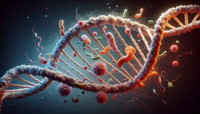 Bactérias e DNA humano com genes extras destacados.