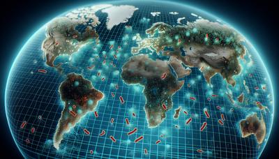 Batteri che si diffondono globalmente su una mappa digitale del mondo.